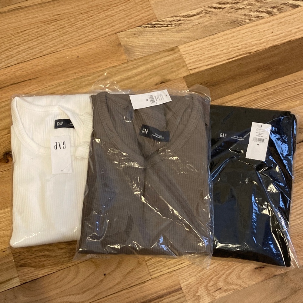 GAP, set of 3, ribbed Long Sleeve Tees - White, Taupe/ Gray, and Black